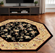7' Tan Black And Beige Floral Vines Octagon Rug-Area Rugs-DECOROLALA