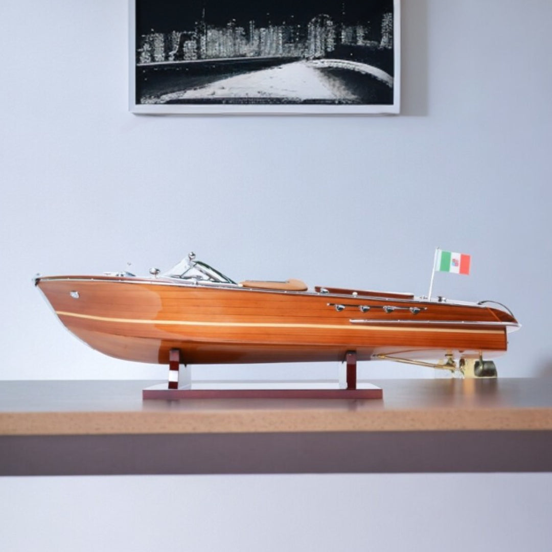 7" Wood Brown Solid Wood Hand Painted Riva Aqurama Medium Speedboat Model Boat-Sculptures-DECOROLALA