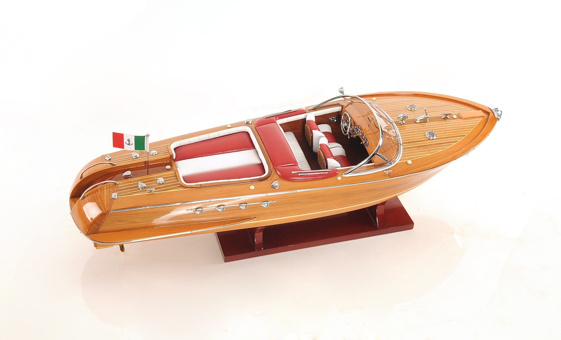 7" Wood Brown Solid Wood Hand Painted Riva Aqurama Medium Speedboat Model Boat-Sculptures-DECOROLALA