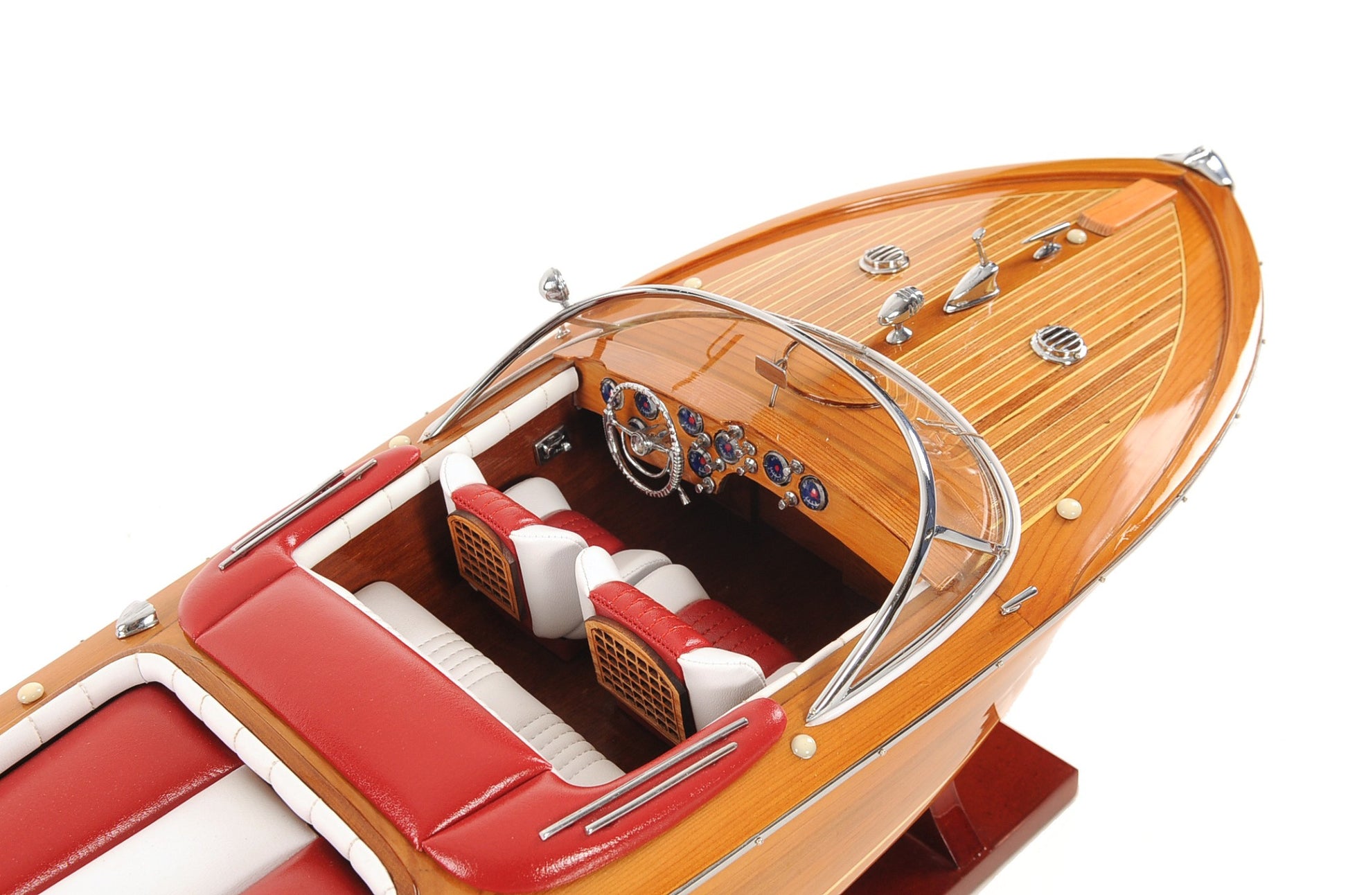 7" Wood Brown Solid Wood Hand Painted Riva Aqurama Medium Speedboat Model Boat-Sculptures-DECOROLALA