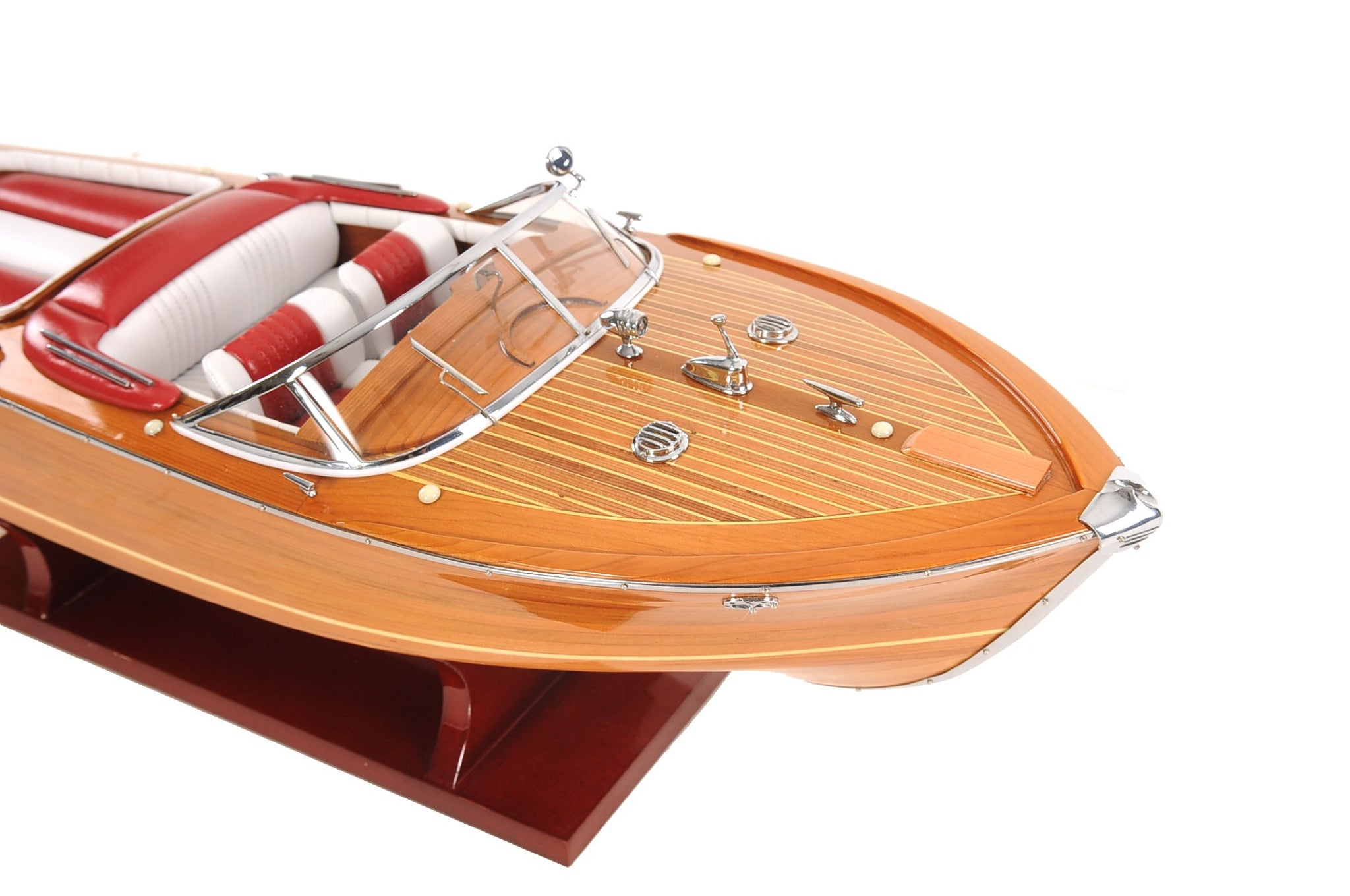 7" Wood Brown Solid Wood Hand Painted Riva Aqurama Medium Speedboat Model Boat-Sculptures-DECOROLALA