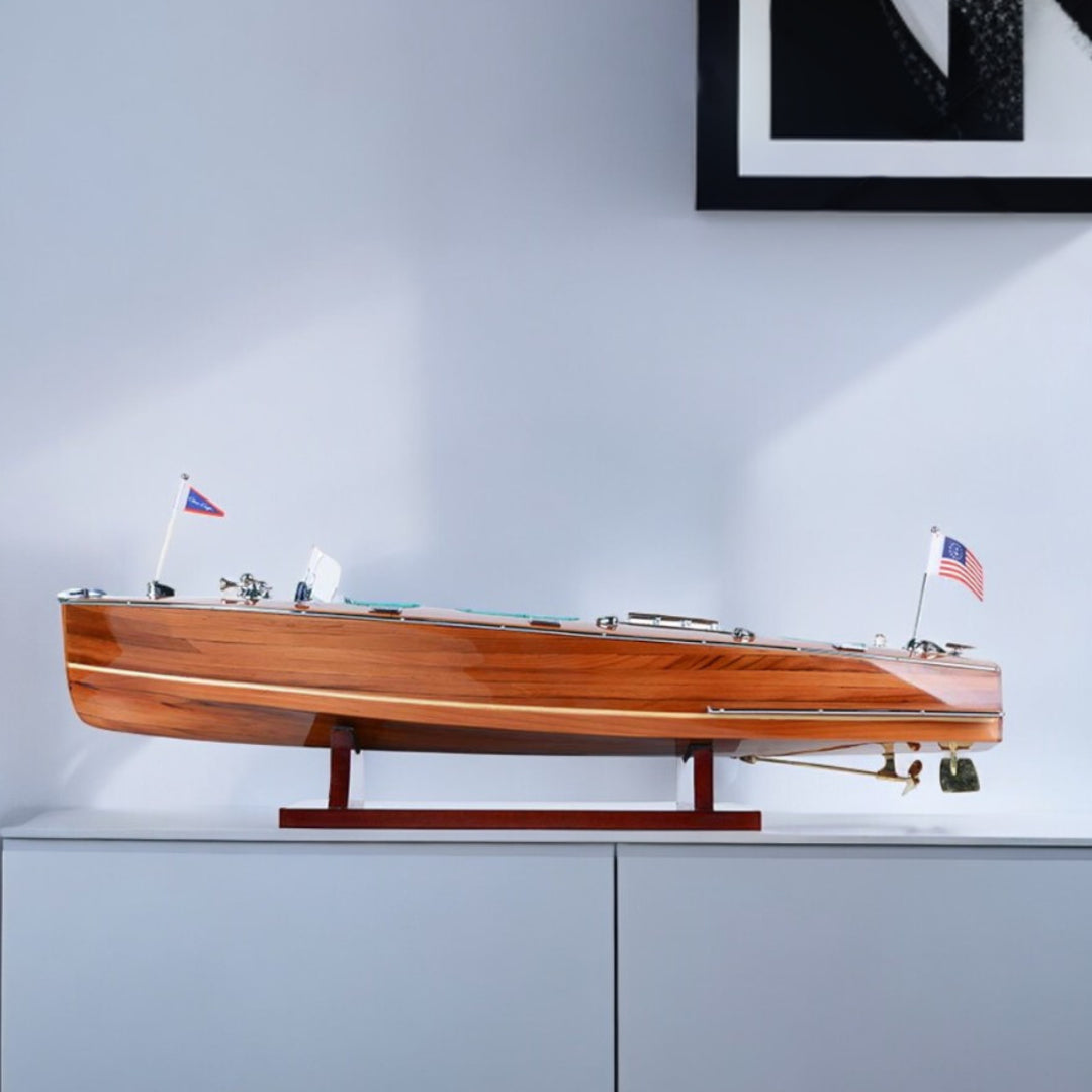 7" Wood Brown Solid Wood Hand Painted c1928 Chris Craft Triple Cockpit Medium Model Boat-Sculptures-DECOROLALA