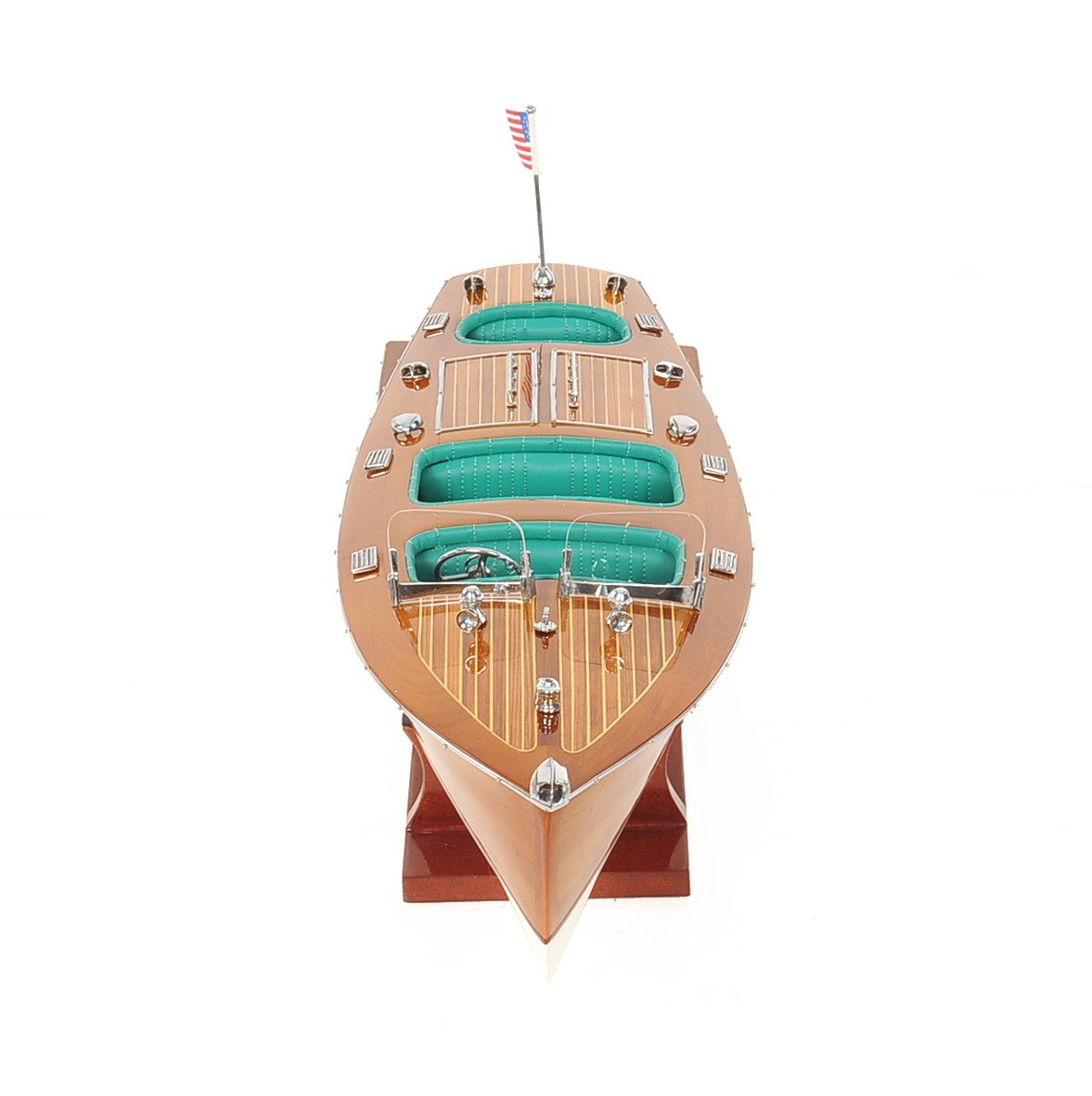 7" Wood Brown Solid Wood Hand Painted c1928 Chris Craft Triple Cockpit Medium Model Boat-Sculptures-DECOROLALA
