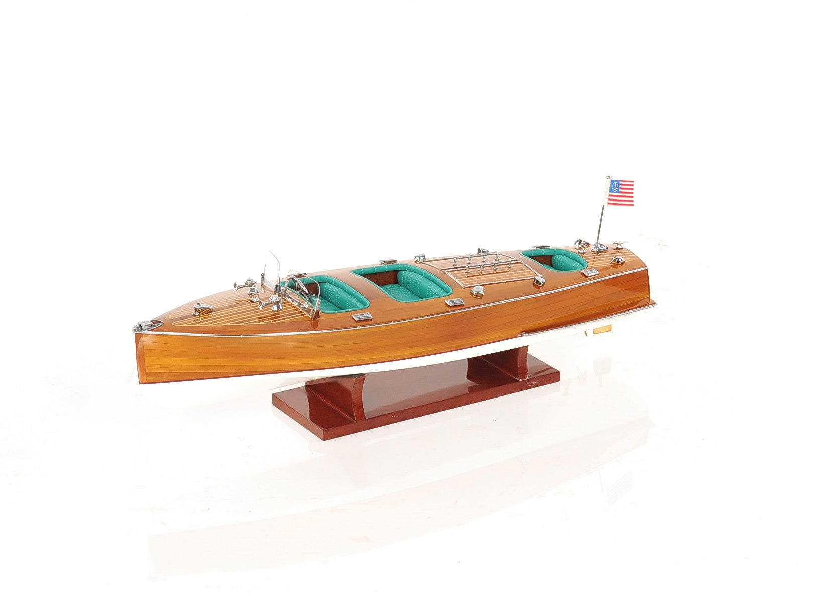 7" Wood Brown Solid Wood Hand Painted c1928 Chris Craft Triple Cockpit Medium Model Boat-Sculptures-DECOROLALA