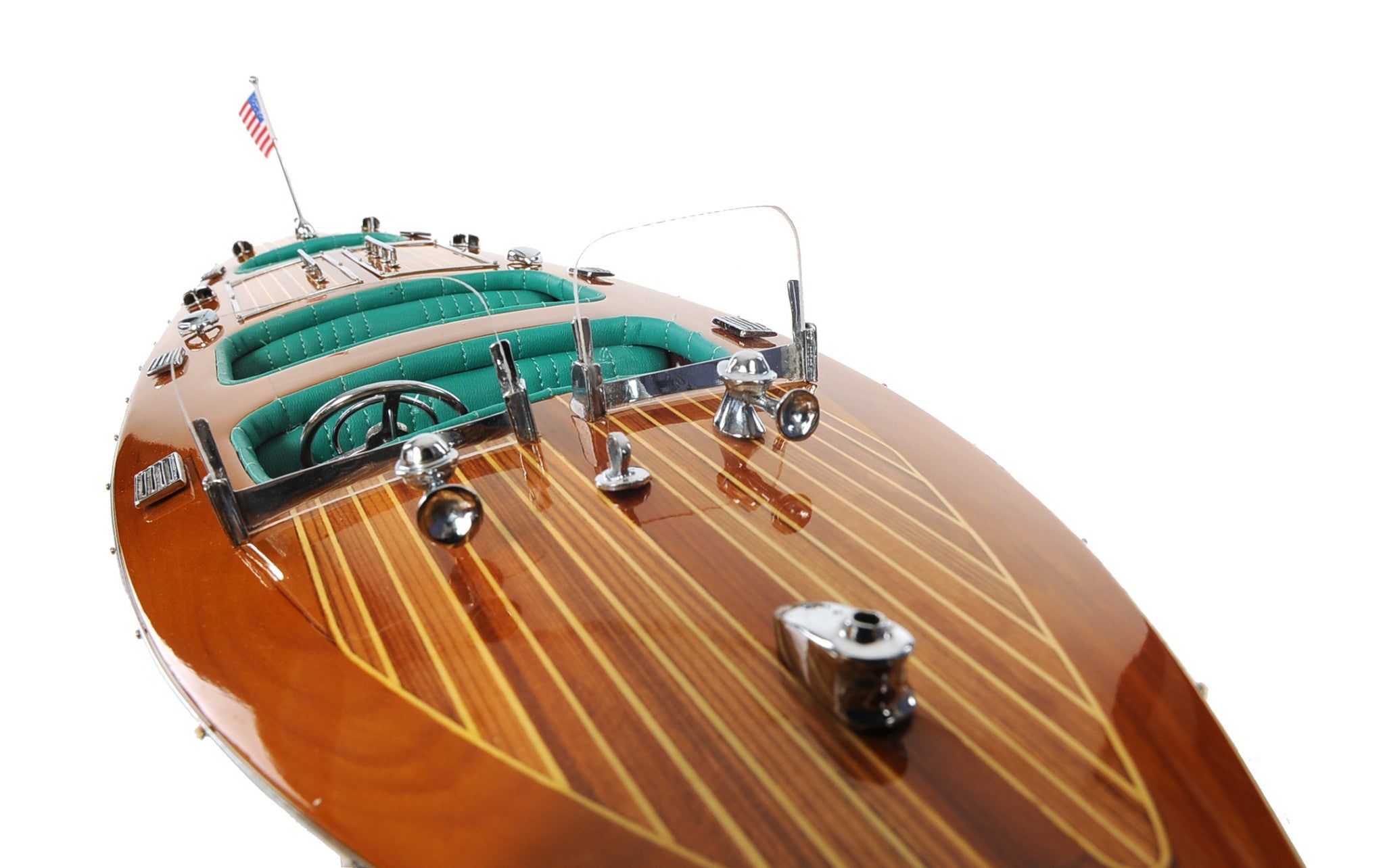 7" Wood Brown Solid Wood Hand Painted c1928 Chris Craft Triple Cockpit Medium Model Boat-Sculptures-DECOROLALA