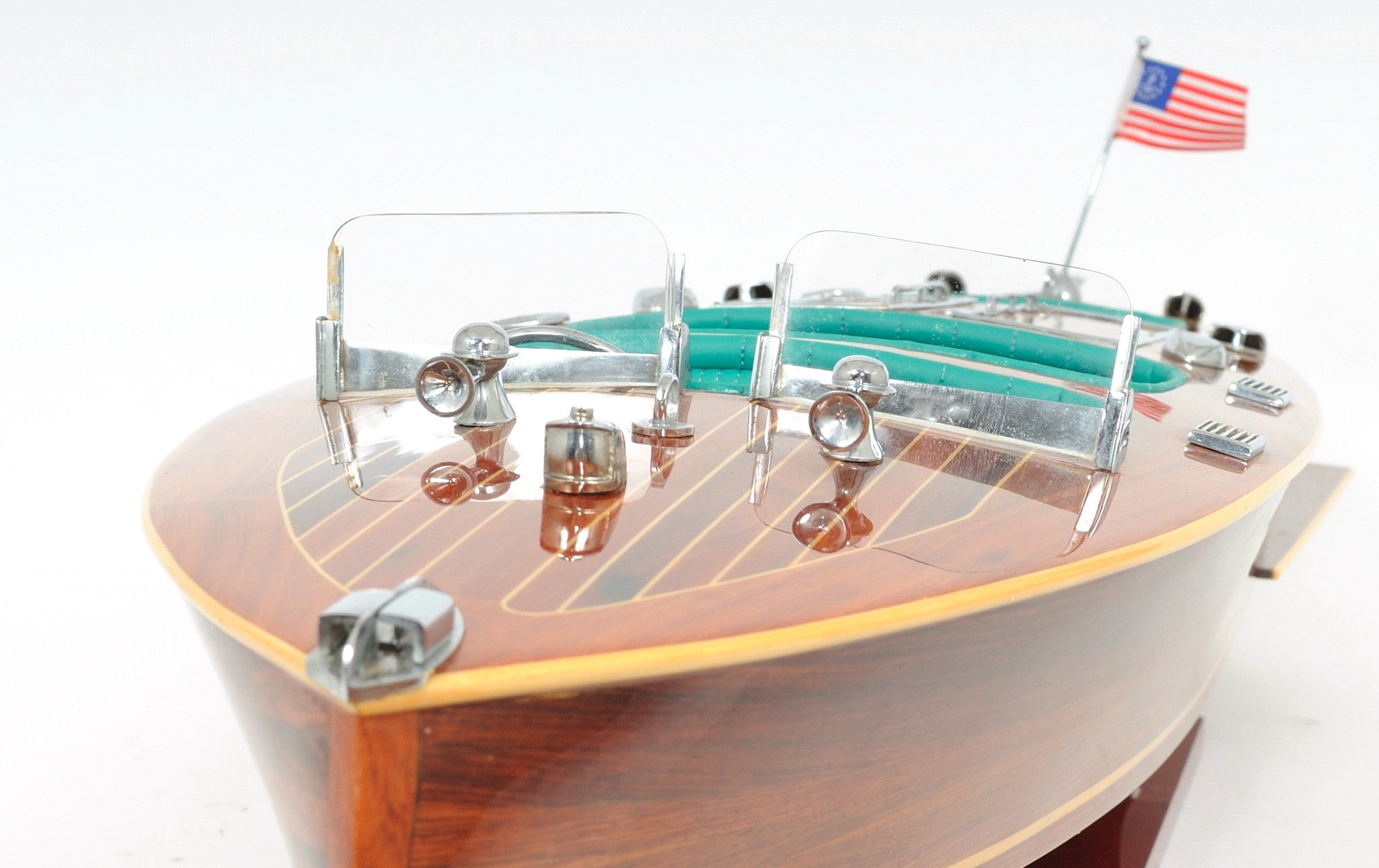 7" Wood Brown Solid Wood Hand Painted c1928 Chris Craft Triple Cockpit Medium Model Boat-Sculptures-DECOROLALA