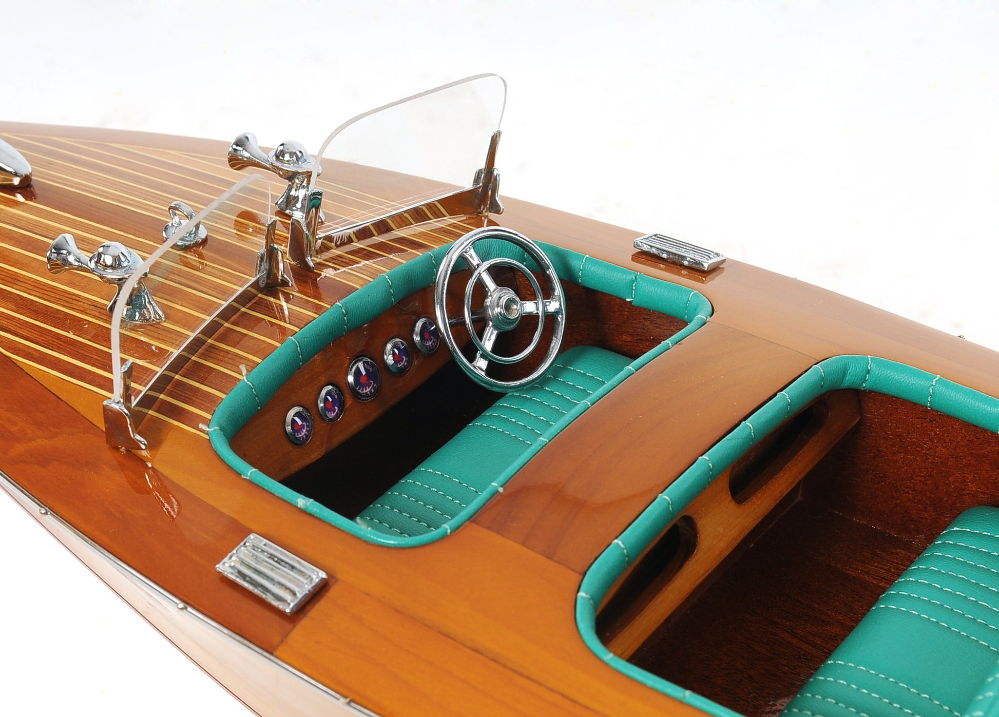 7" Wood Brown Solid Wood Hand Painted c1928 Chris Craft Triple Cockpit Medium Model Boat-Sculptures-DECOROLALA