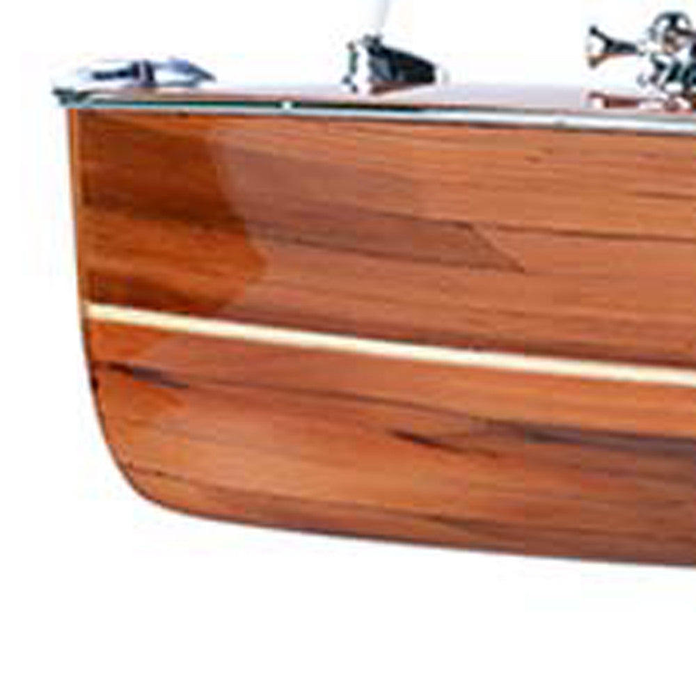 7" Wood Brown Solid Wood Hand Painted c1928 Chris Craft Triple Cockpit Medium Model Boat-Sculptures-DECOROLALA