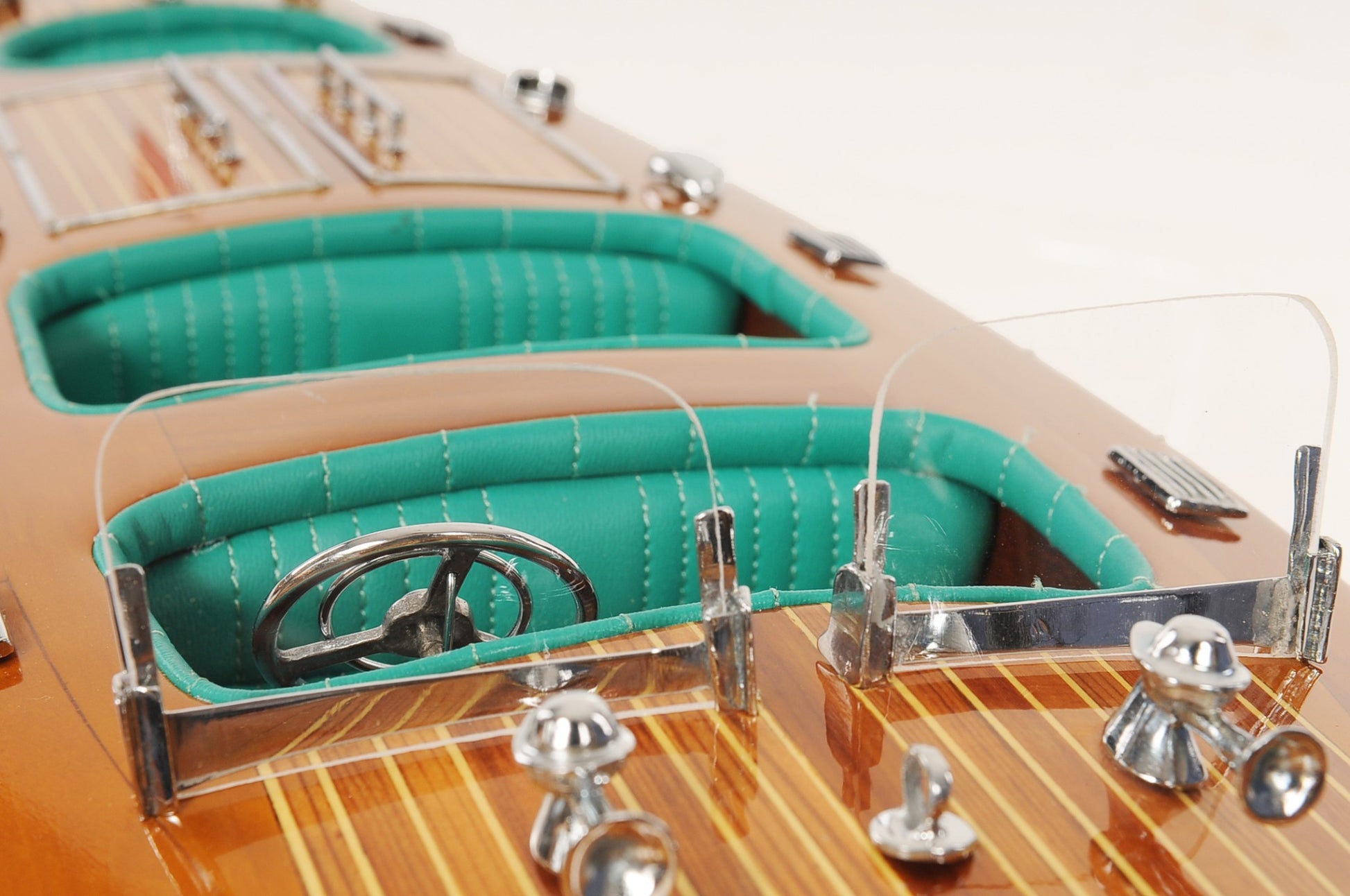 7" Wood Brown Solid Wood Hand Painted c1928 Chris Craft Triple Cockpit Medium Model Boat-Sculptures-DECOROLALA