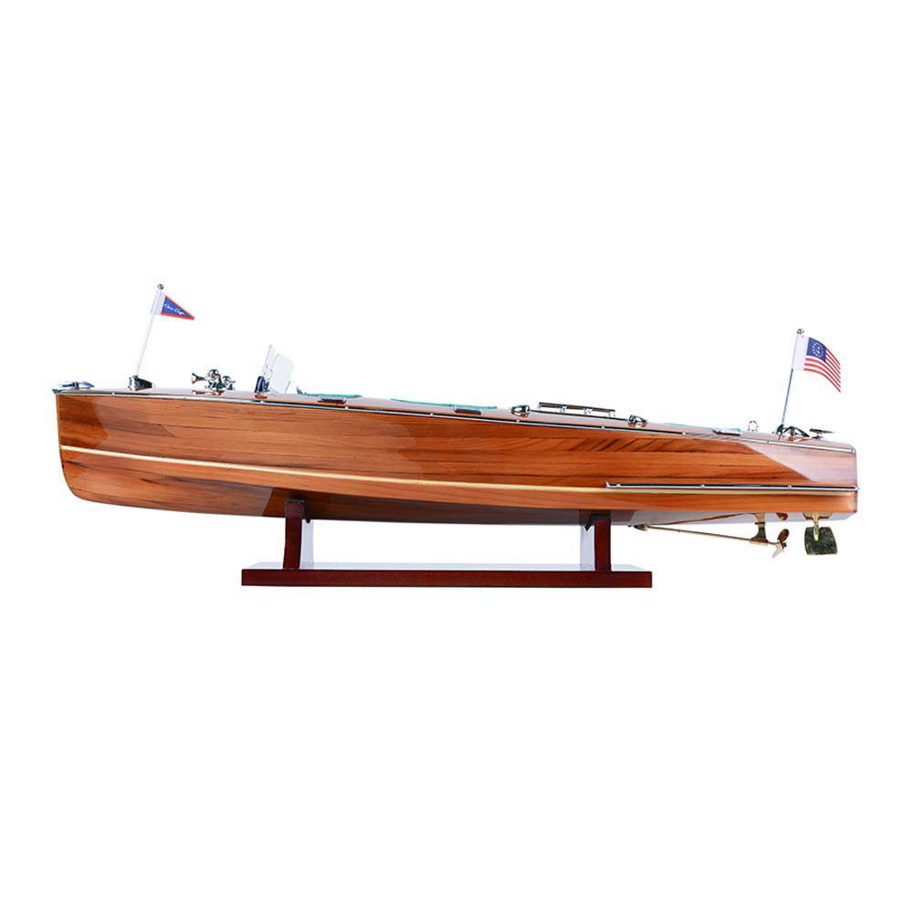 7" Wood Brown Solid Wood Hand Painted c1928 Chris Craft Triple Cockpit Medium Model Boat-Sculptures-DECOROLALA