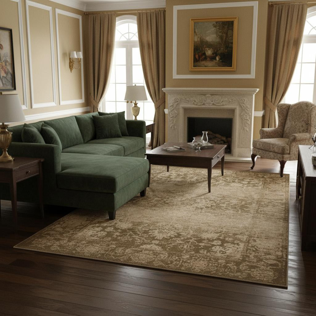 7' X 10' Beige And Tan Floral Medallion Area Rug-Area Rugs-DECOROLALA