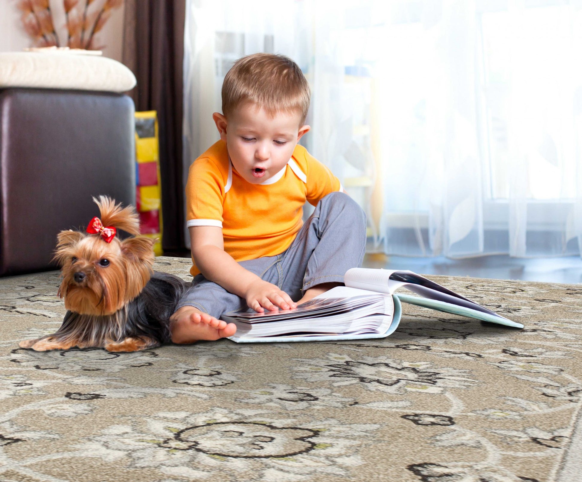 7' X 10' Beige Floral Indoor Outdoor Area Rug-Outdoor Rugs-DECOROLALA