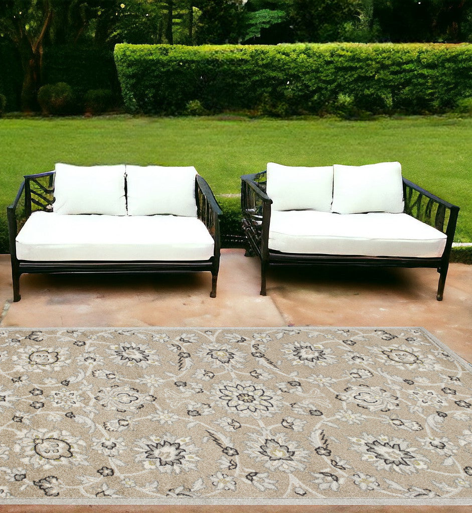 7' X 10' Beige Floral Indoor Outdoor Area Rug-Outdoor Rugs-DECOROLALA