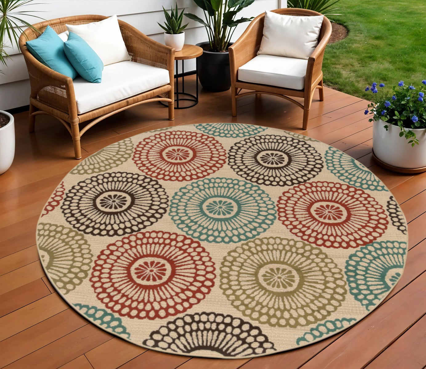 7' X 10' Beige Indoor Outdoor Area Rug-Outdoor Rugs-DECOROLALA