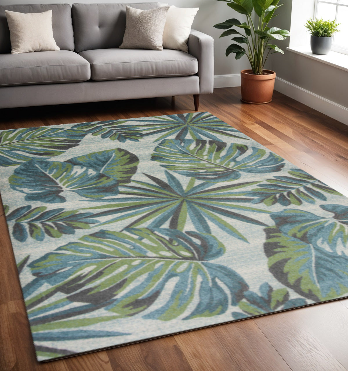 7' X 10' Beige Teal And Green Tropical Botanical Area Rug-Area Rugs-DECOROLALA