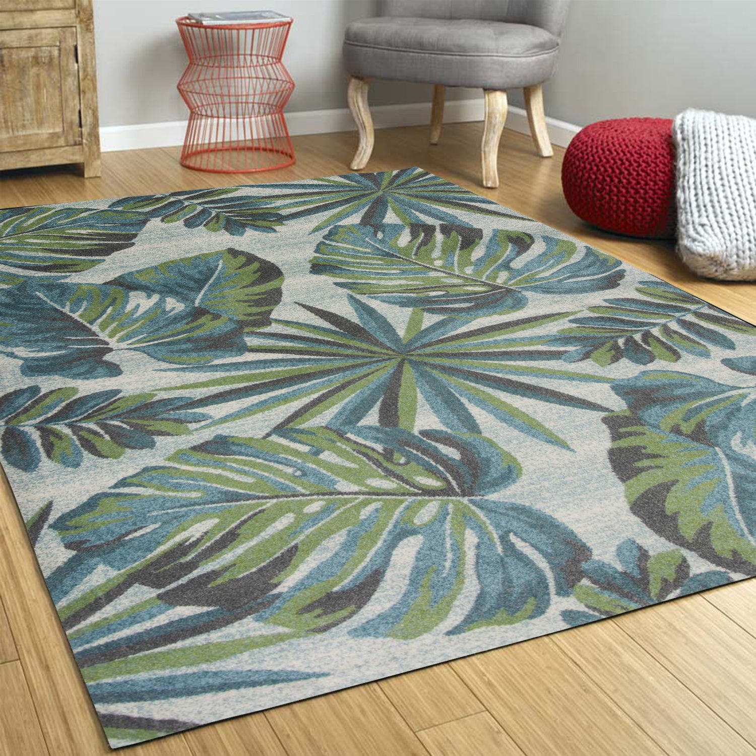 7' X 10' Beige Teal And Green Tropical Botanical Area Rug-Area Rugs-DECOROLALA