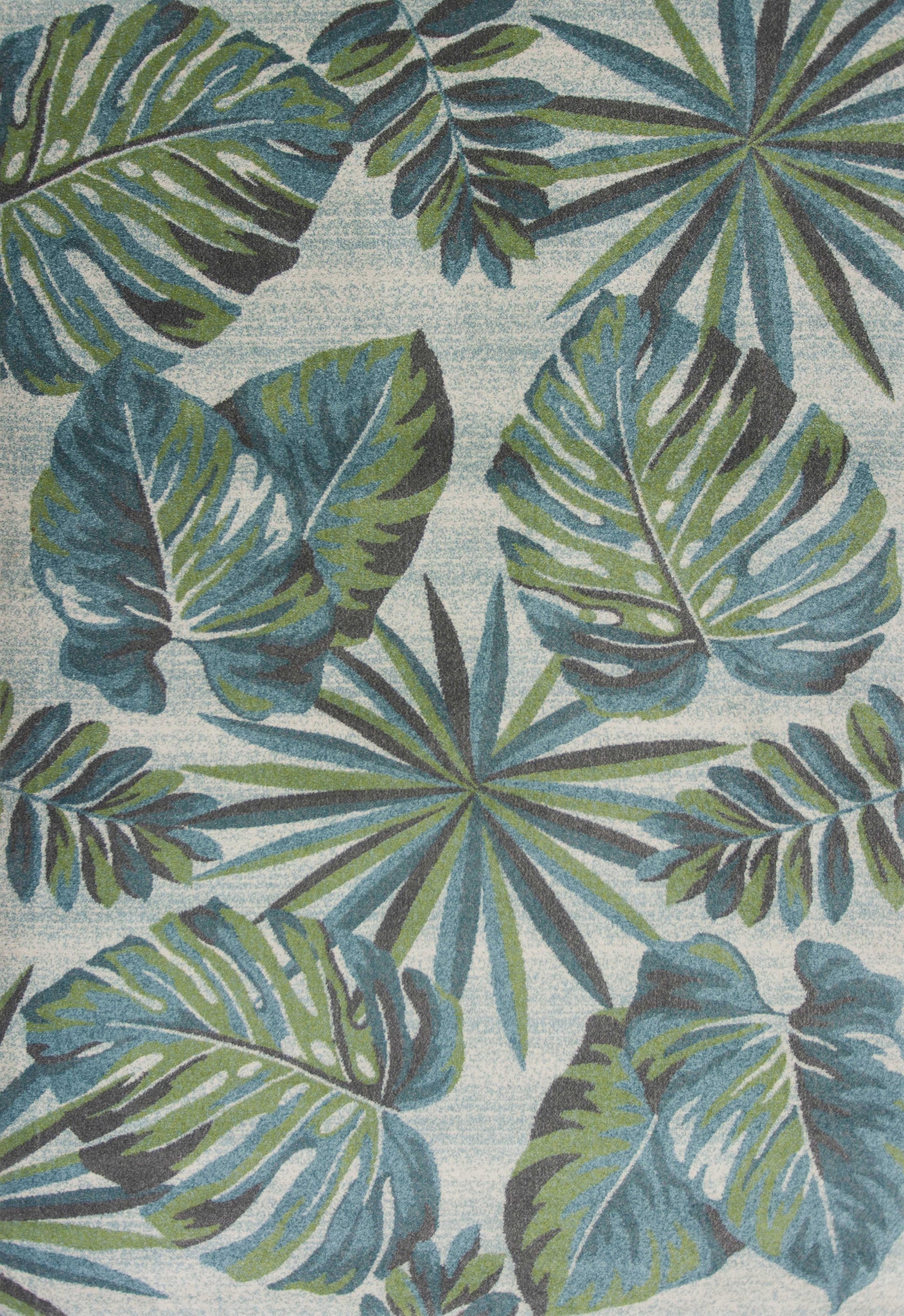 7' X 10' Beige Teal And Green Tropical Botanical Area Rug-Area Rugs-DECOROLALA