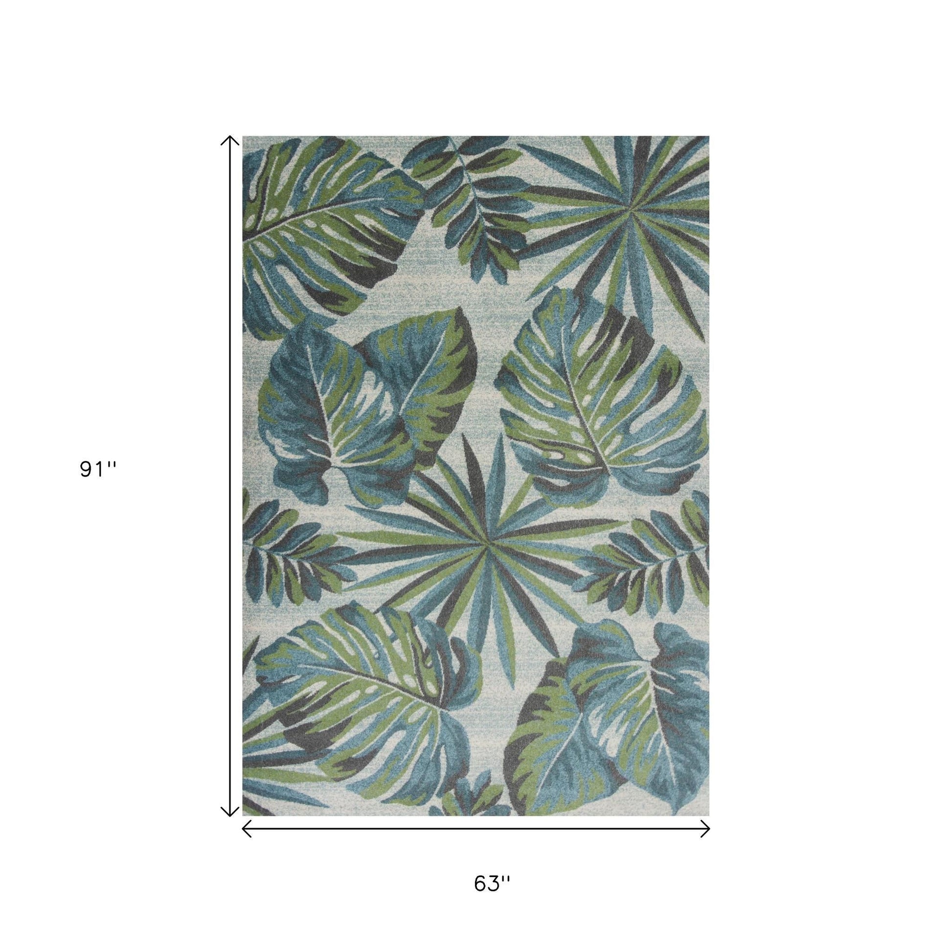 7' X 10' Beige Teal And Green Tropical Botanical Area Rug-Area Rugs-DECOROLALA