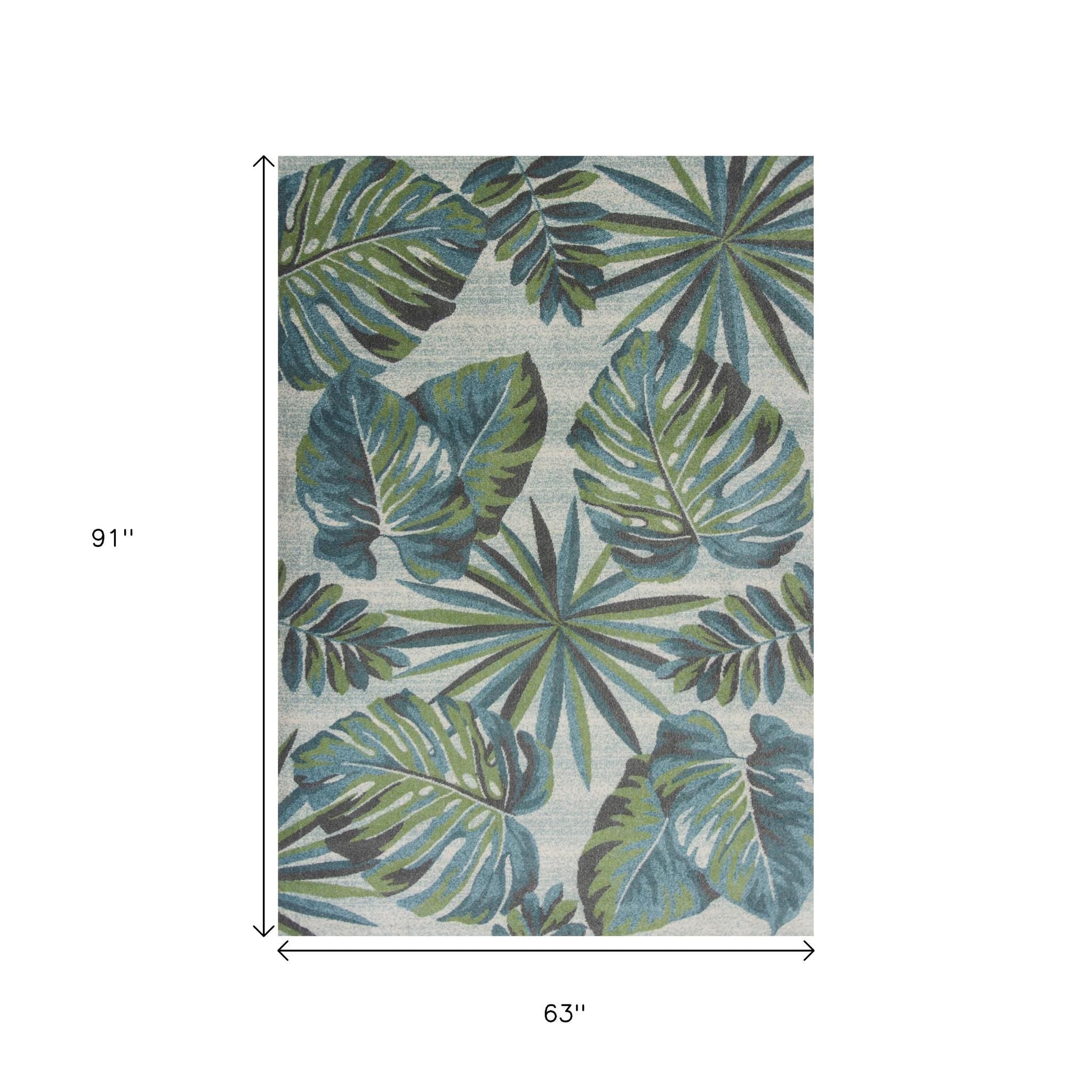 7' X 10' Beige Teal And Green Tropical Botanical Area Rug-Area Rugs-DECOROLALA
