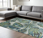 7' X 10' Beige Teal And Green Tropical Botanical Area Rug-Area Rugs-DECOROLALA