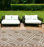 7' X 10' Beige and Ivory Geometric Indoor Outdoor Area Rug-Outdoor Rugs-DECOROLALA