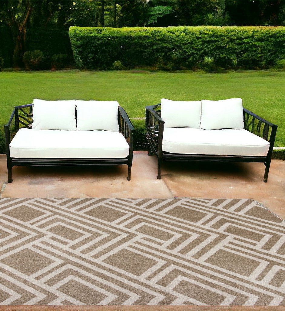7' X 10' Beige and Ivory Geometric Indoor Outdoor Area Rug-Outdoor Rugs-DECOROLALA