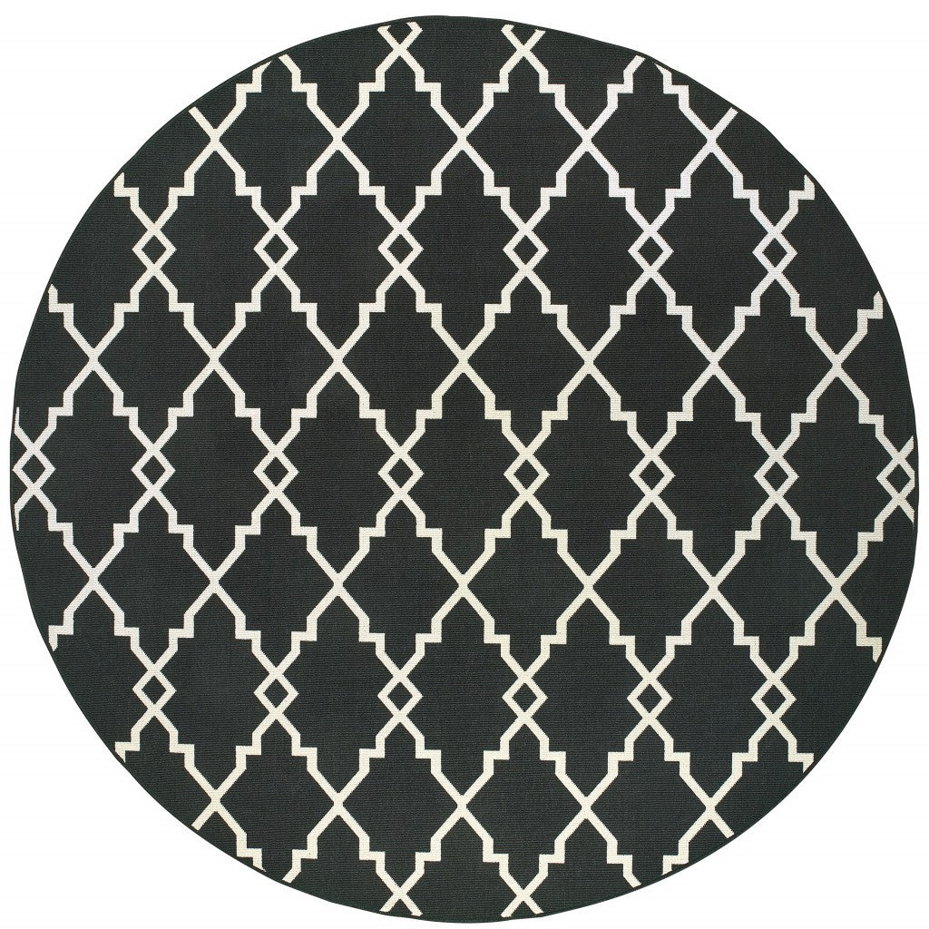 7' X 10' Black And Ivory Indoor Outdoor Area Rug-Outdoor Rugs-DECOROLALA