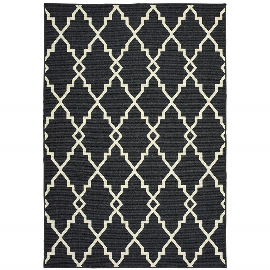 7' X 10' Black And Ivory Indoor Outdoor Area Rug-Outdoor Rugs-DECOROLALA