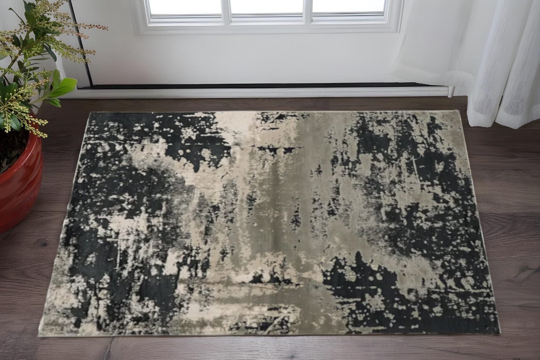 7' X 10' Black And Silver Abstract Area Rug-Area Rugs-DECOROLALA