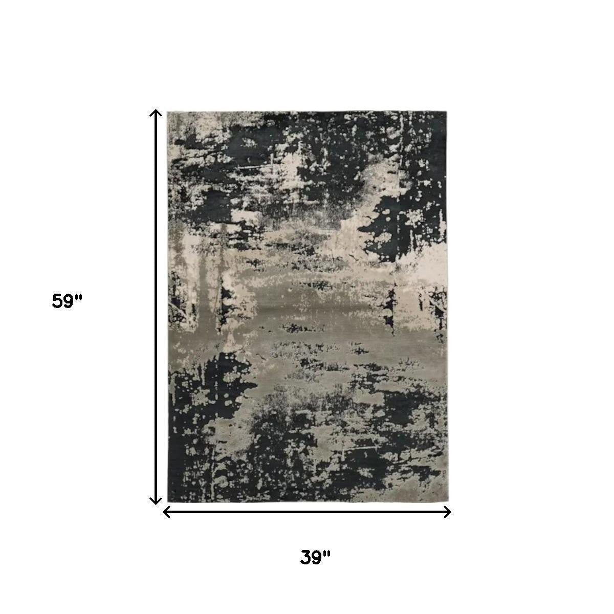 7' X 10' Black And Silver Abstract Area Rug-Area Rugs-DECOROLALA