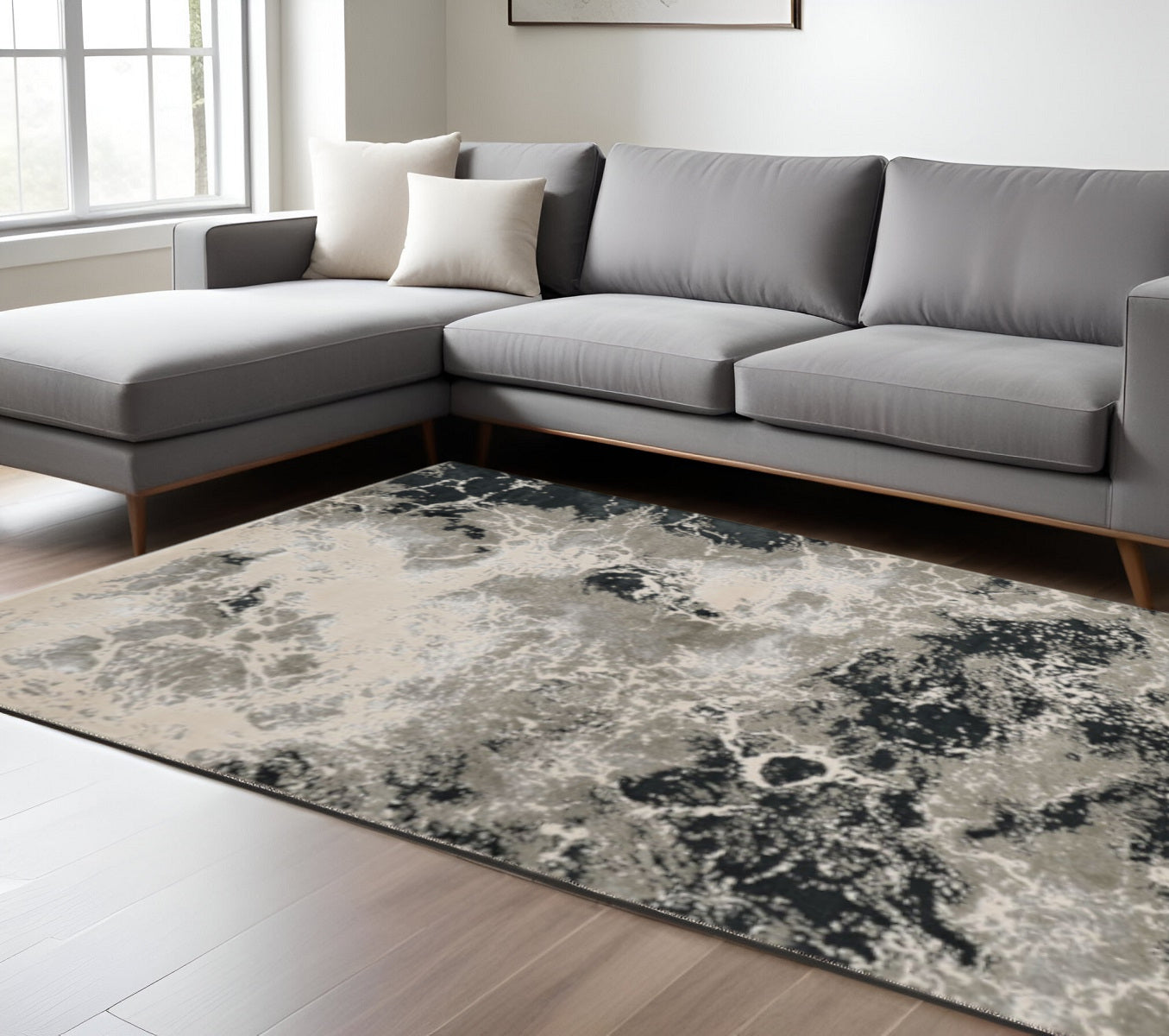 7' X 10' Black And Silver Abstract Area Rug-Area Rugs-DECOROLALA