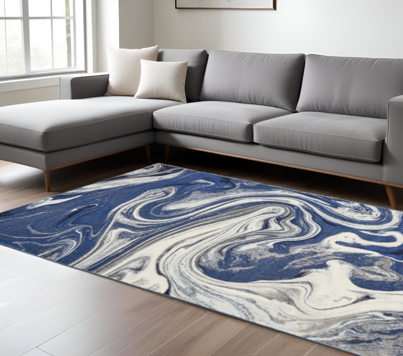 7' X 10' Blue And Beige Abstract Area Rug-Area Rugs-DECOROLALA