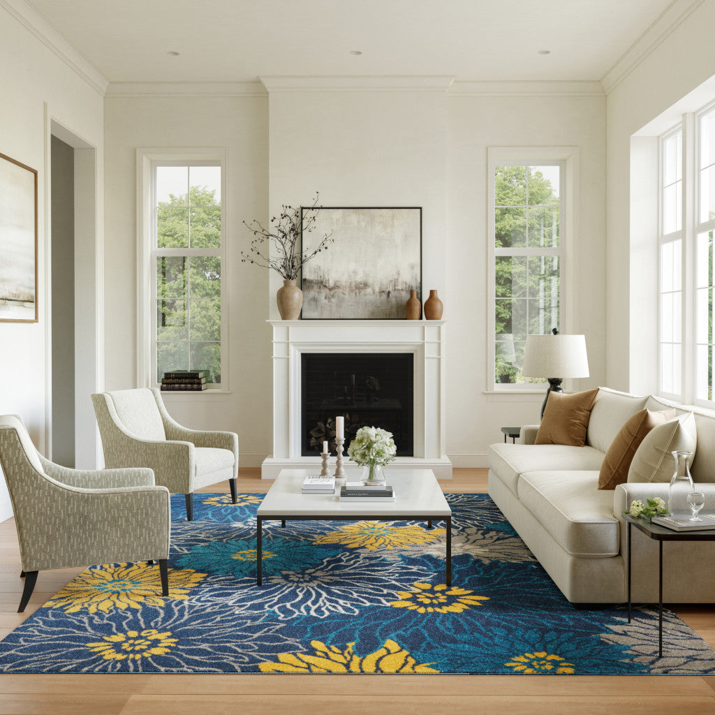 7' X 10' Blue And Gold Floral Area Rug-Area Rugs-DECOROLALA