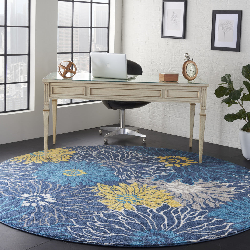 7' X 10' Blue And Gold Floral Area Rug-Area Rugs-DECOROLALA