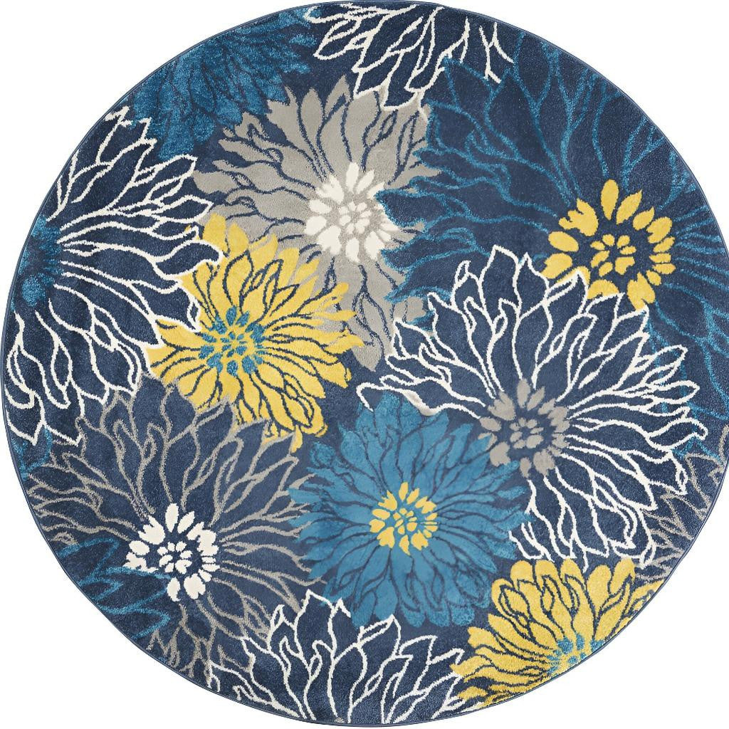 7' X 10' Blue And Gold Floral Area Rug-Area Rugs-DECOROLALA
