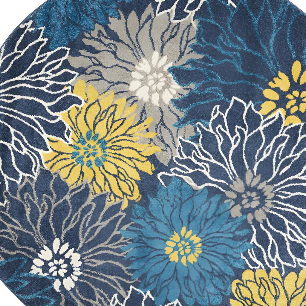 7' X 10' Blue And Gold Floral Area Rug-Area Rugs-DECOROLALA