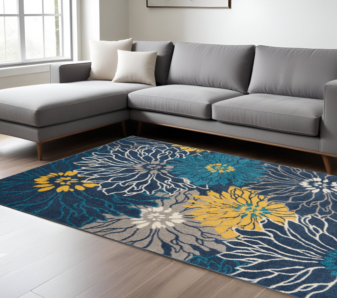 7' X 10' Blue And Gold Floral Area Rug-Area Rugs-DECOROLALA