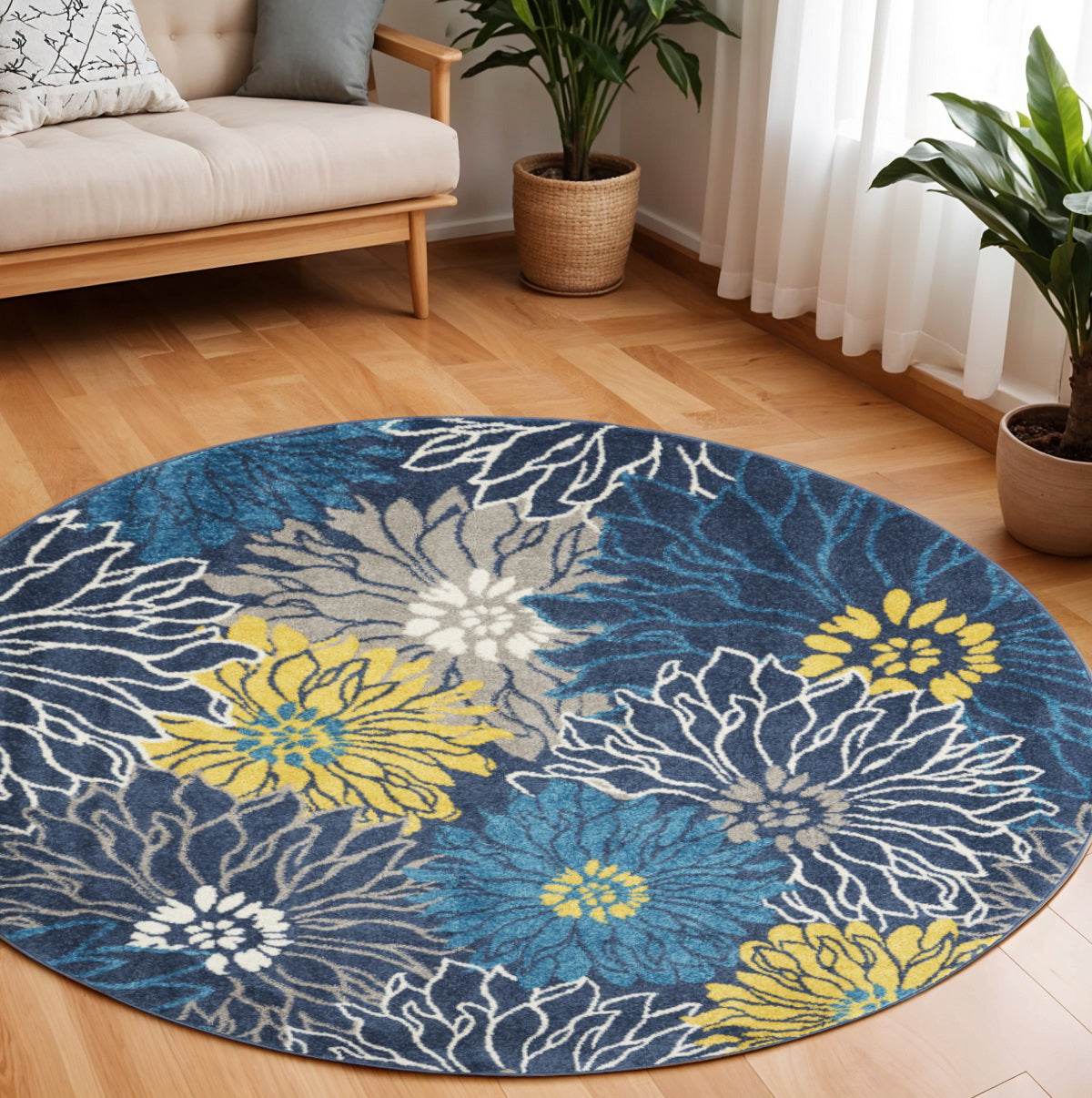 7' X 10' Blue And Gold Floral Area Rug-Area Rugs-DECOROLALA