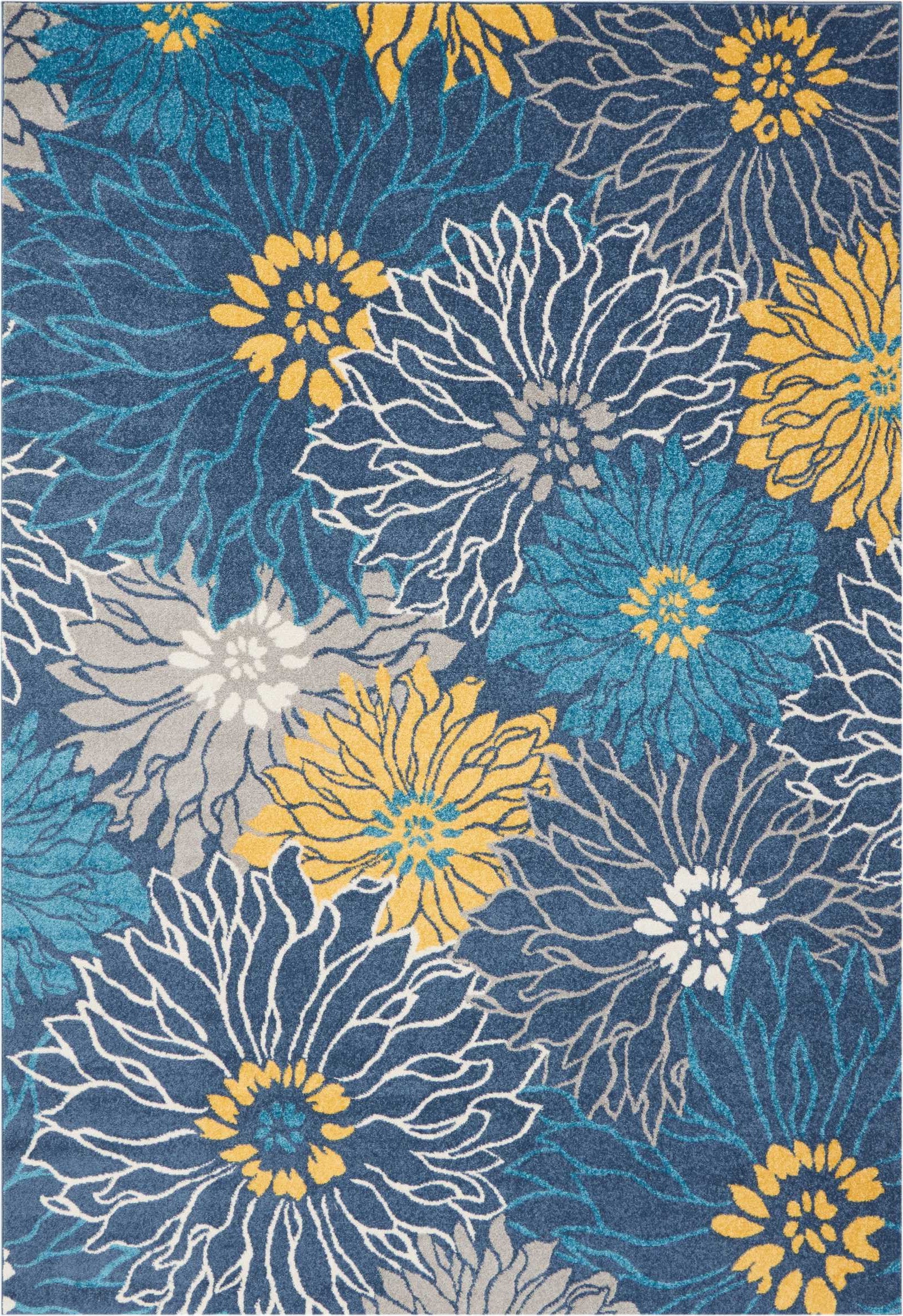 7' X 10' Blue And Gold Floral Area Rug-Area Rugs-DECOROLALA