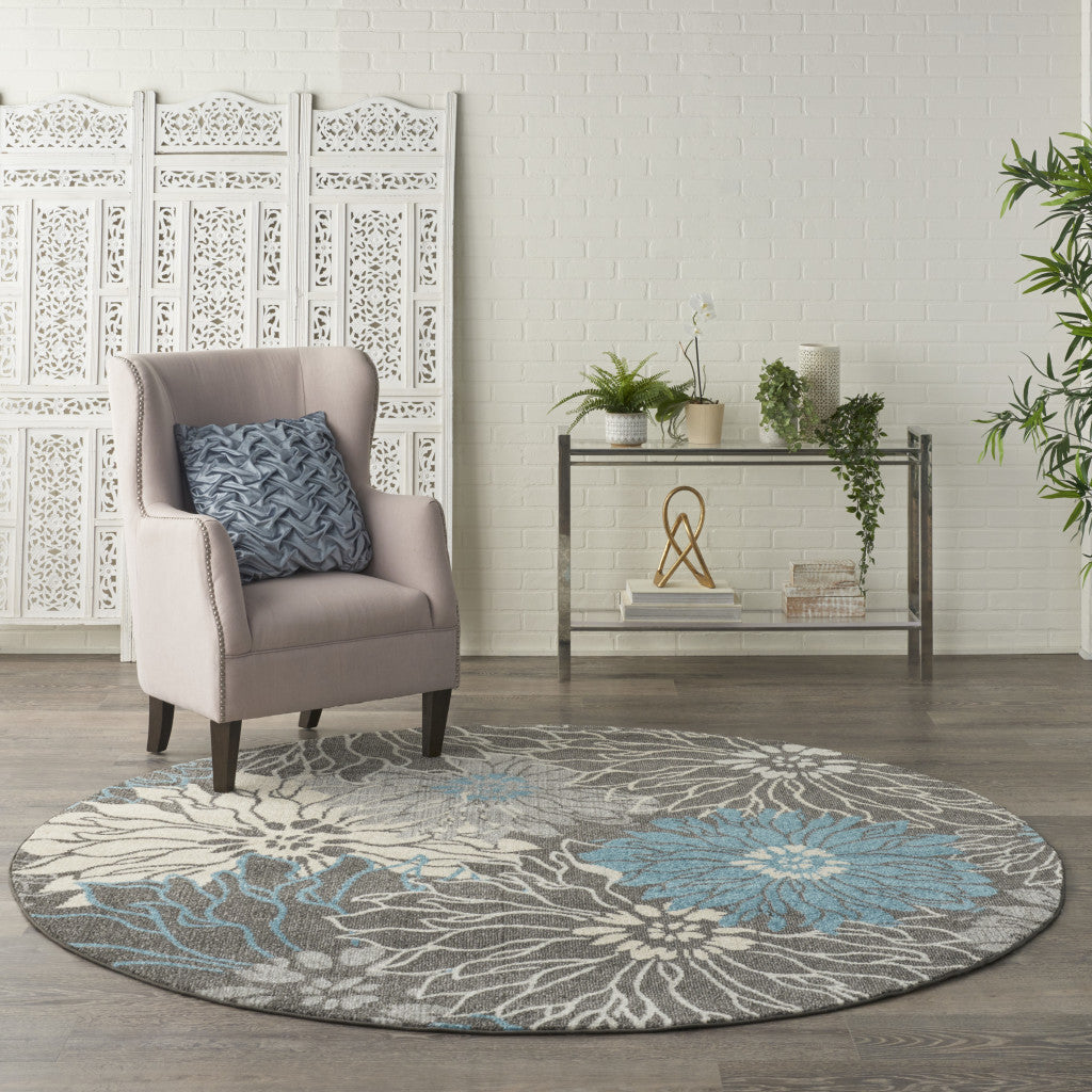 7' X 10' Blue And Gray Floral Area Rug-Area Rugs-DECOROLALA