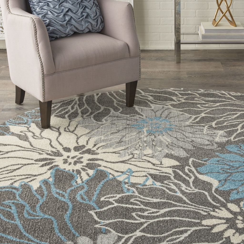 7' X 10' Blue And Gray Floral Area Rug-Area Rugs-DECOROLALA