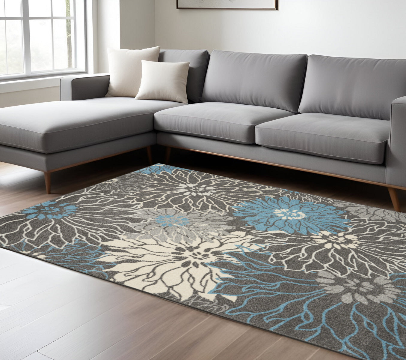 7' X 10' Blue And Gray Floral Area Rug-Area Rugs-DECOROLALA
