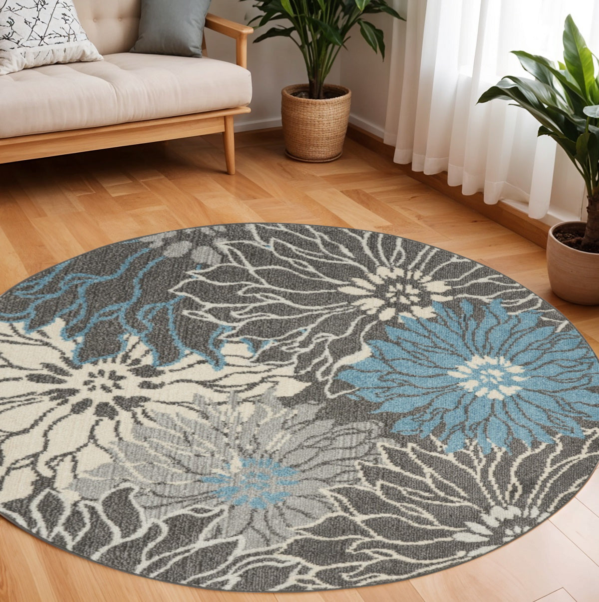 7' X 10' Blue And Gray Floral Area Rug-Area Rugs-DECOROLALA