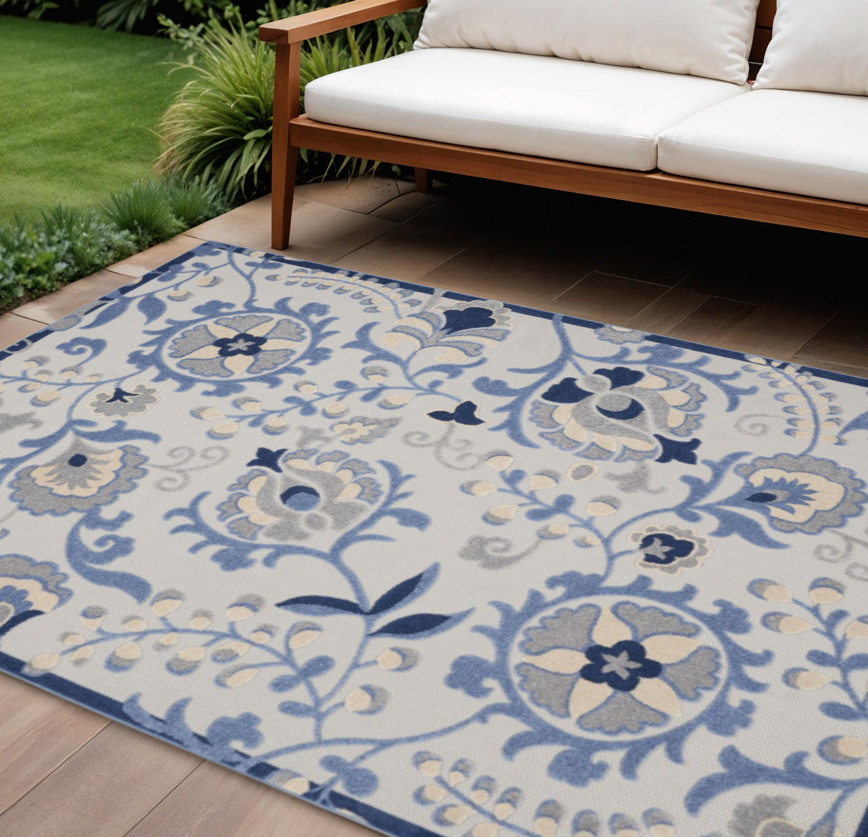 7' X 10' Blue And Gray Indoor Outdoor Area Rug-Outdoor Rugs-DECOROLALA
