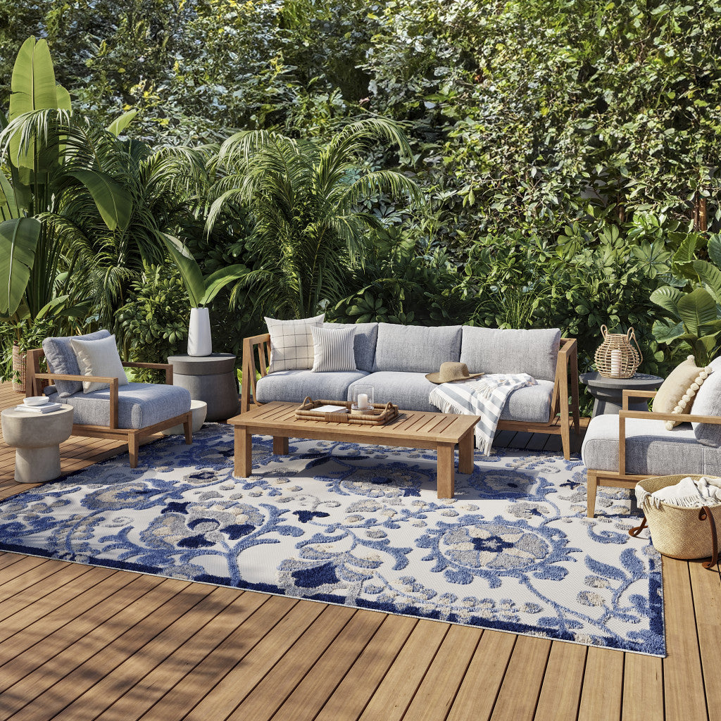 7' X 10' Blue And Gray Indoor Outdoor Area Rug-Outdoor Rugs-DECOROLALA