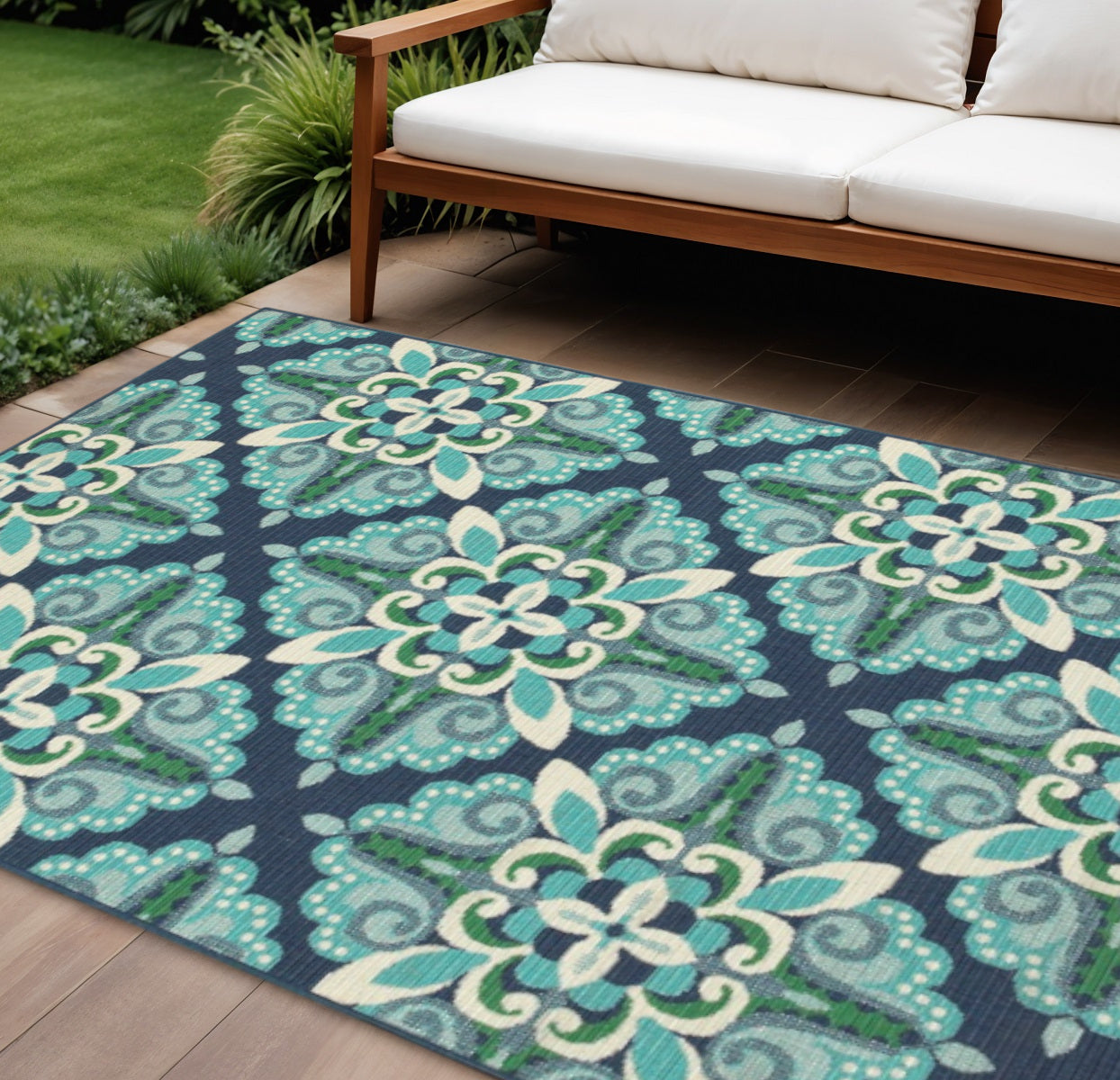 7' X 10' Blue And Green Indoor Outdoor Area Rug-Outdoor Rugs-DECOROLALA