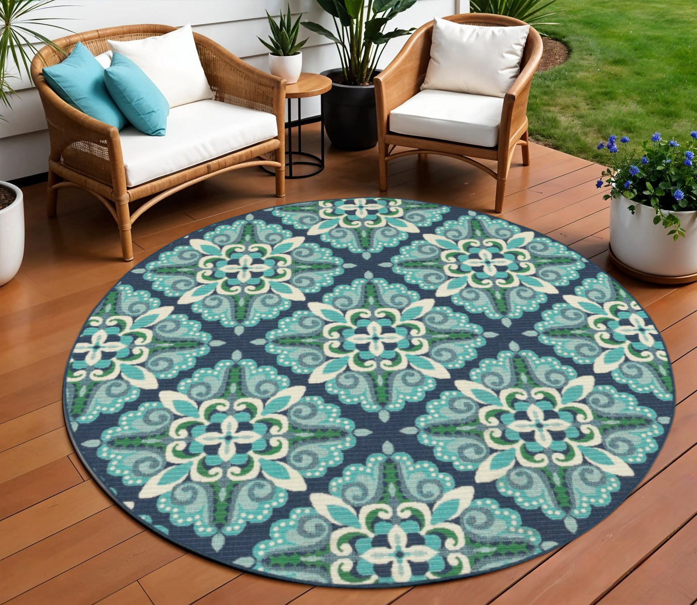 7' X 10' Blue And Green Indoor Outdoor Area Rug-Outdoor Rugs-DECOROLALA