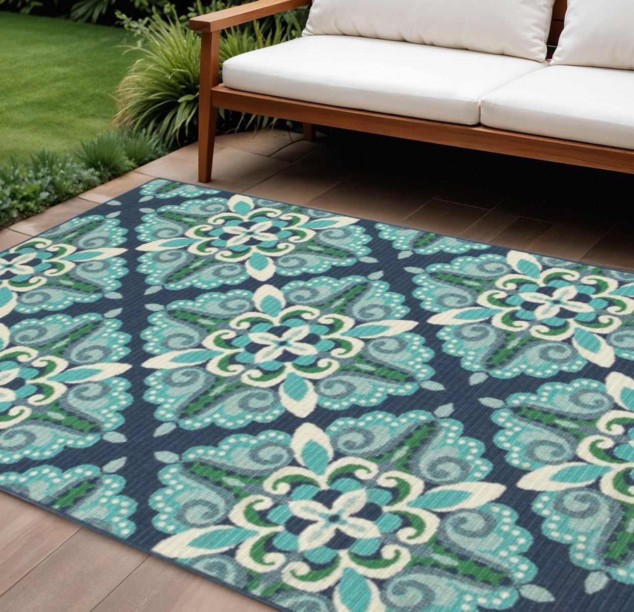 7' X 10' Blue And Green Indoor Outdoor Area Rug-Outdoor Rugs-DECOROLALA