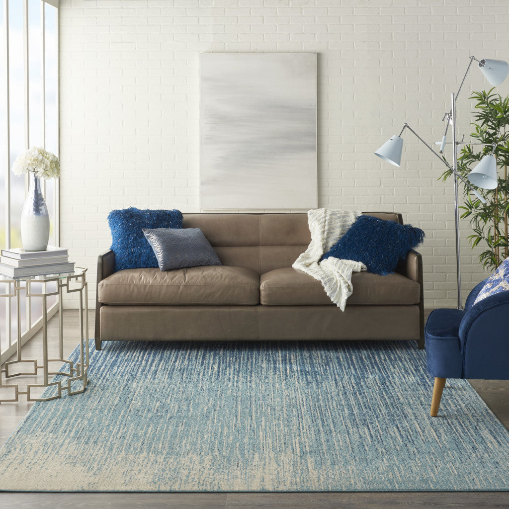 7' X 10' Blue And Ivory Abstract Area Rug-Area Rugs-DECOROLALA