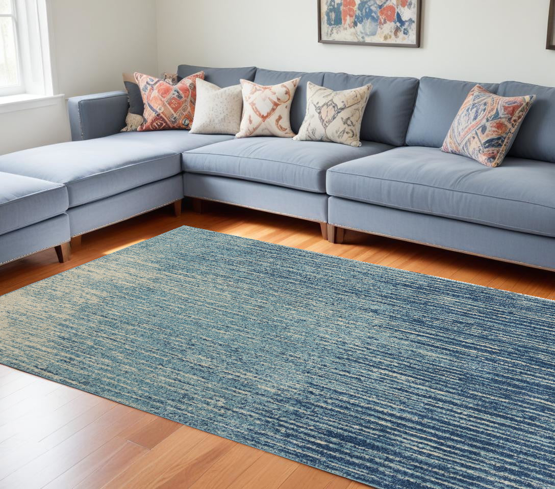 7' X 10' Blue And Ivory Abstract Area Rug-Area Rugs-DECOROLALA